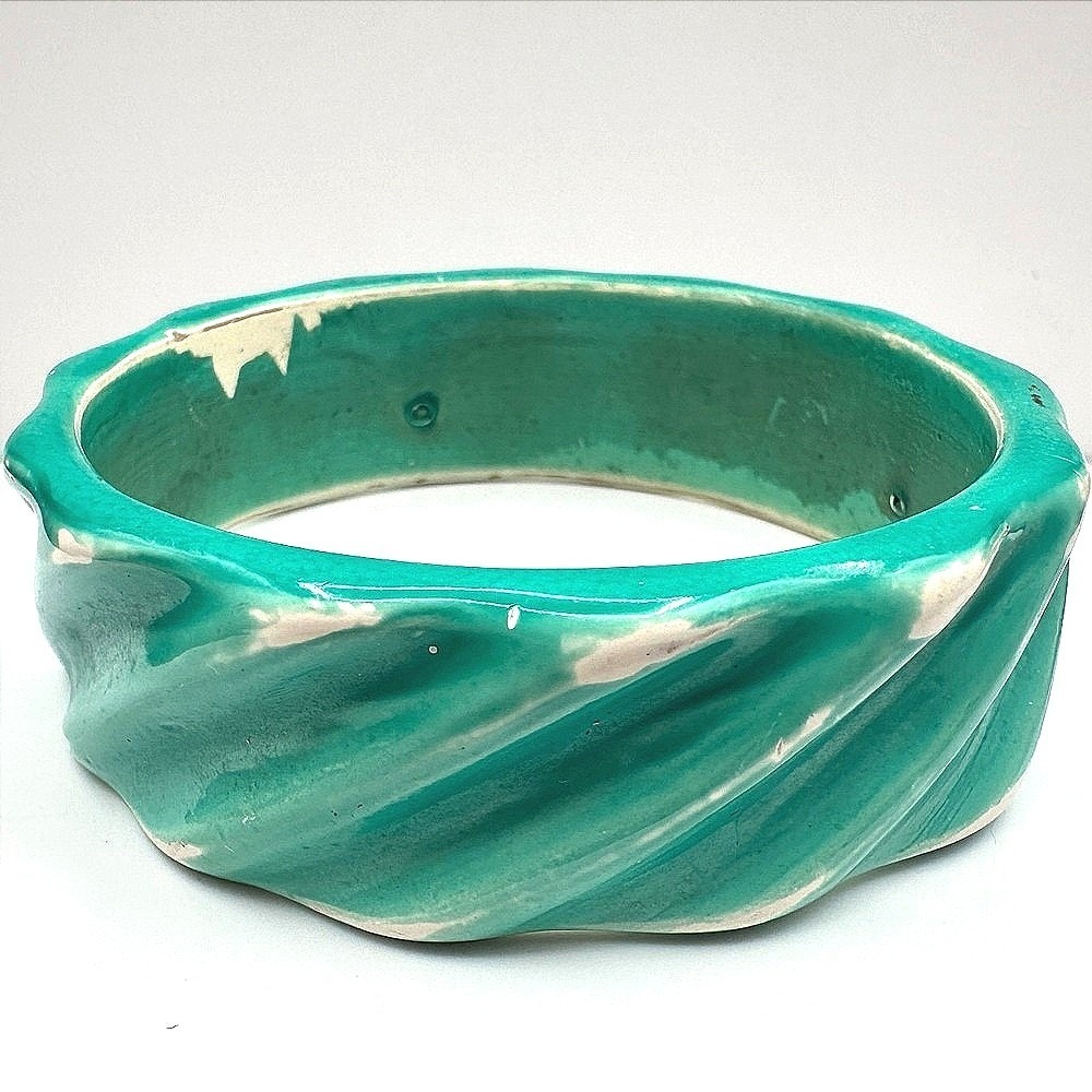 Vintage 80s See Green Ceramic Bracelet Twisted Ribbed Chunky Pottery Jewelry Y2K
